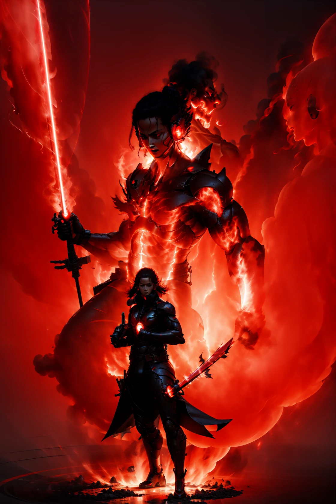((1girl inside a red glowing giant)), aura surrounding her, glowing eyes,, smoke, flare, electricity, plasma, <lora:Susanoo-10:0.9>, susanoo, <lora:Jetstream_Sam-09:0.6> Jetstream Sam, red blade, holding weapon,