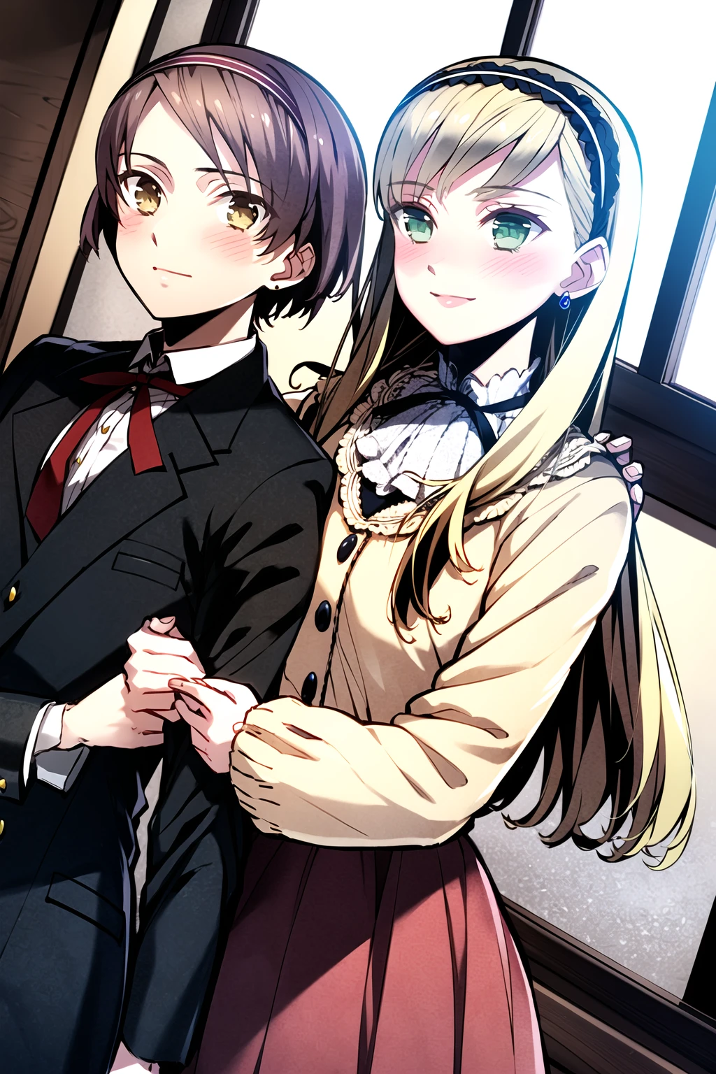 ((masterpiece, high quality, best quality)),
2girls, smile, brown hair, jewelry, dutch angle, blonde hair, earrings, arm hug, formal, hairband, indoors, brown eyes, scarf, green eyes, blush, window, suit, long hair, skirt, looking at viewer, yellow eyes, ribbon, holding another's arm,
<lora:akira-style_v1.0:1>