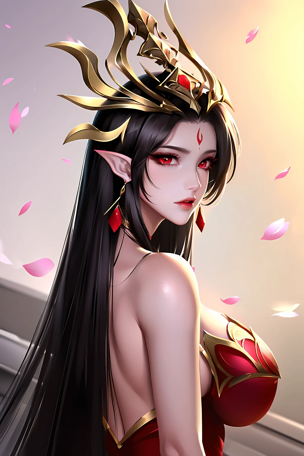 1girl, long hair, hair ornament, red eyes, solo, facial mark, jewelry, black hair, forehead mark, earrings, pointy ears, petals, falling petals, upper body, looking at viewer, bare shoulders, looking back, dress, expressionless,cai lin, large breasts,shiny skin,(mature female),milf,<lora:cailin-v1.5-realistic-final-6ep:0.7>