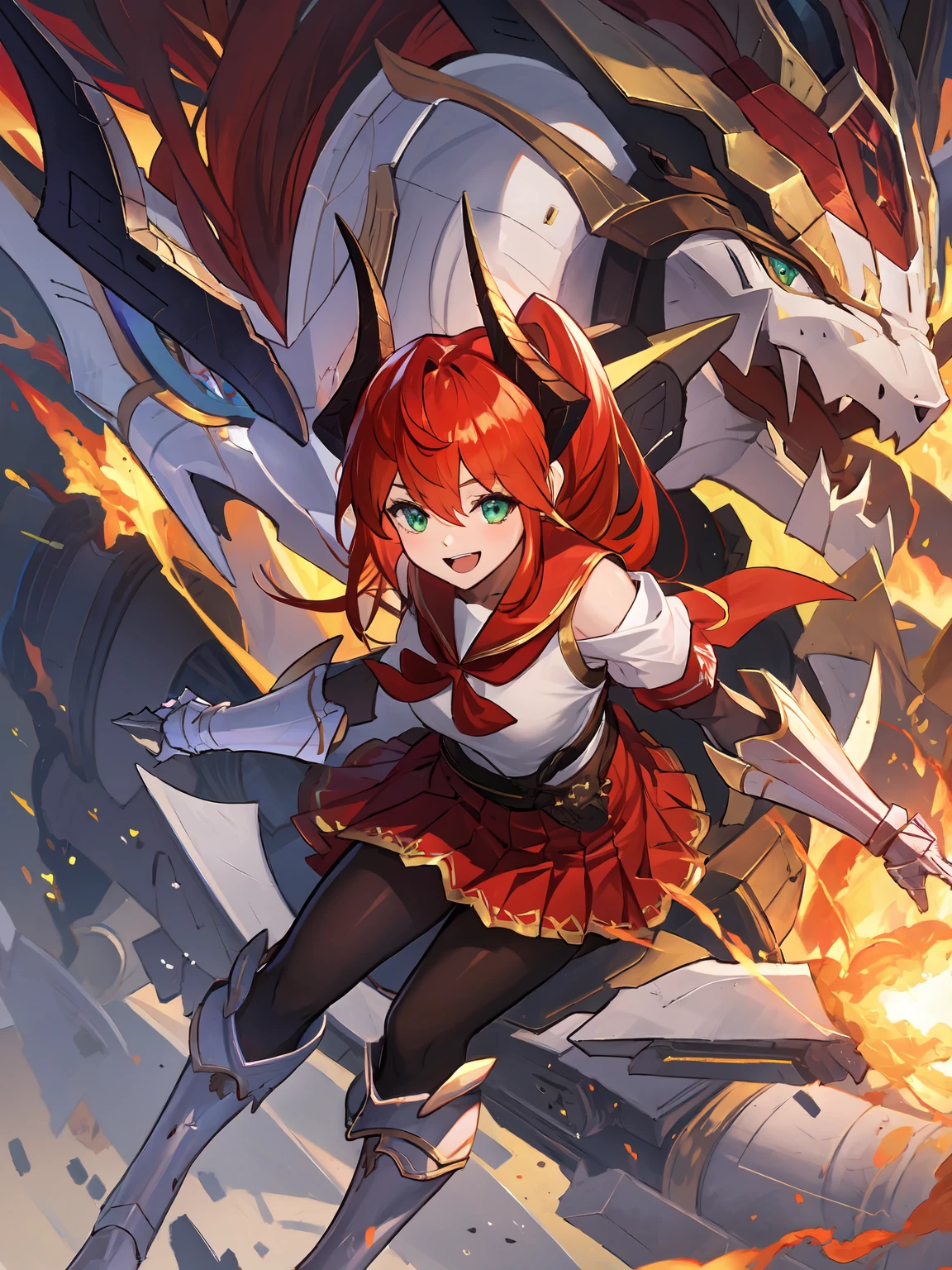 masterpiece,best quality,highres,cinematic lighting,dramatic angle,1girl,<lora:ShadowverseRolaV2-000021:0.8>,red hair,ponytail,hair ornament,horns,green eyes,smile,riding on mecha dragon,happy,serafuku,sailor collar,bowtie,white shirt,gauntlets,gloves,red pleated skirt,black pantyhose,armor boots,portrait,bare shoulders,sash,package,suspenders,breathing fire