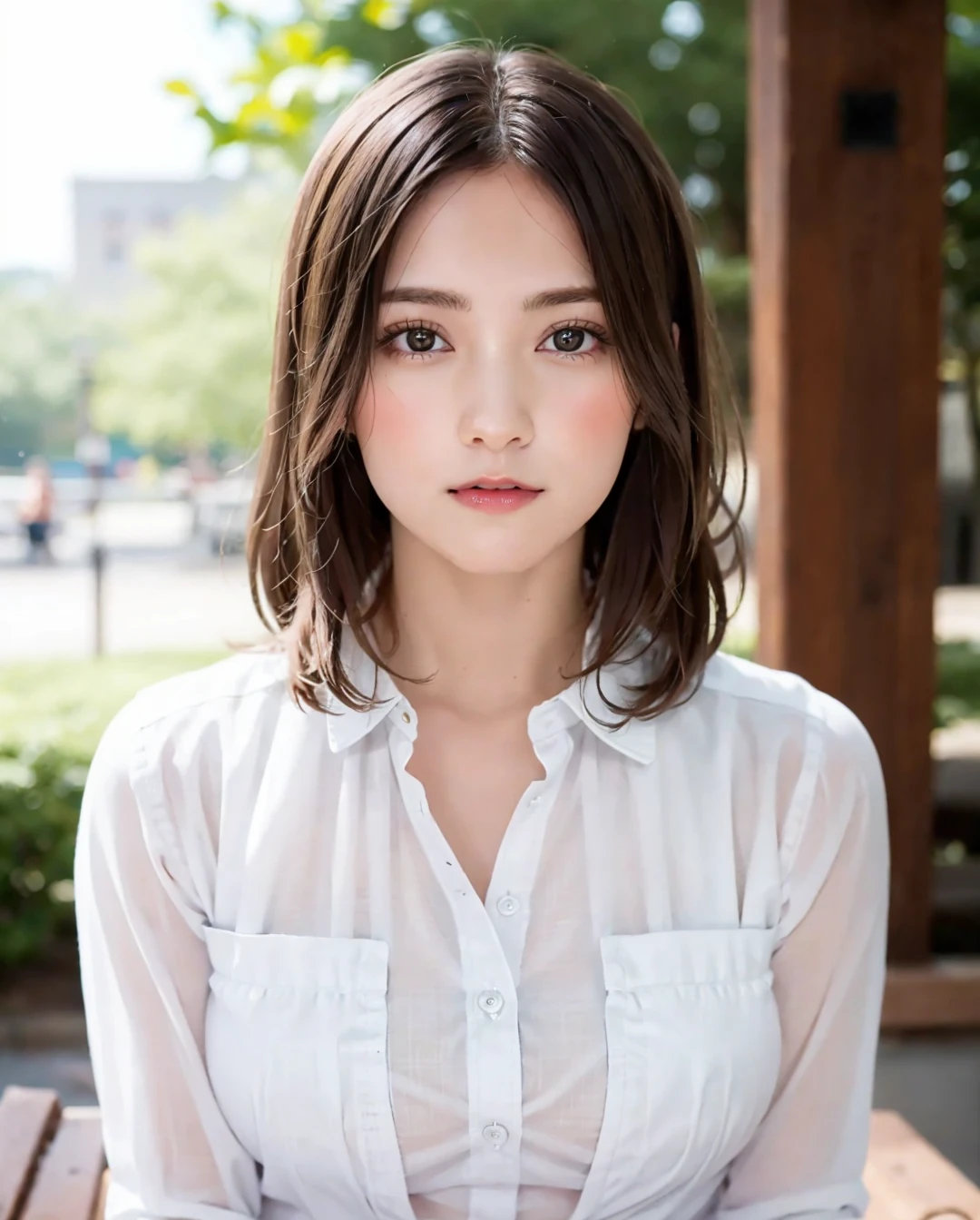 best quality, photorealistic, 8k, high res, full color, 1girl, woman, 20 years old woman, (closed mouth:1.73), (skindentation), (portrait:0.6), trees, park bench, daylight, ((park background:1.52)), full color, ((whiteshirt:1.58)), looking at viewer:1.8, (1girl eyes looking at viewer:1.55), (medium hair, brownhair, partedbangs:1.45), (bokeh), <lora:AAG-nashiko:0.69>