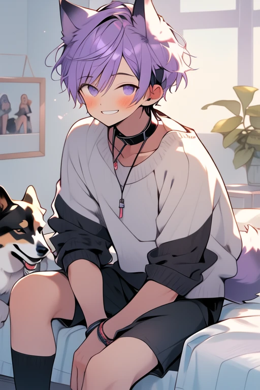 (masterpiece, best quality:1.2), illustration, absurdres, highres, extremely detailed, perfect face, 1boy, male focus, (adult male:1.2), sitting on bed, purple hair, short hair, messy hair, purple eyes, blue off the shoulder sweater, black sport shorts, bulge, black thigh highs, dog collar, flat chest, thick thighs, tall, smiling, looking at viewer, dog ears, dog tail, femboy, otoko no ko,