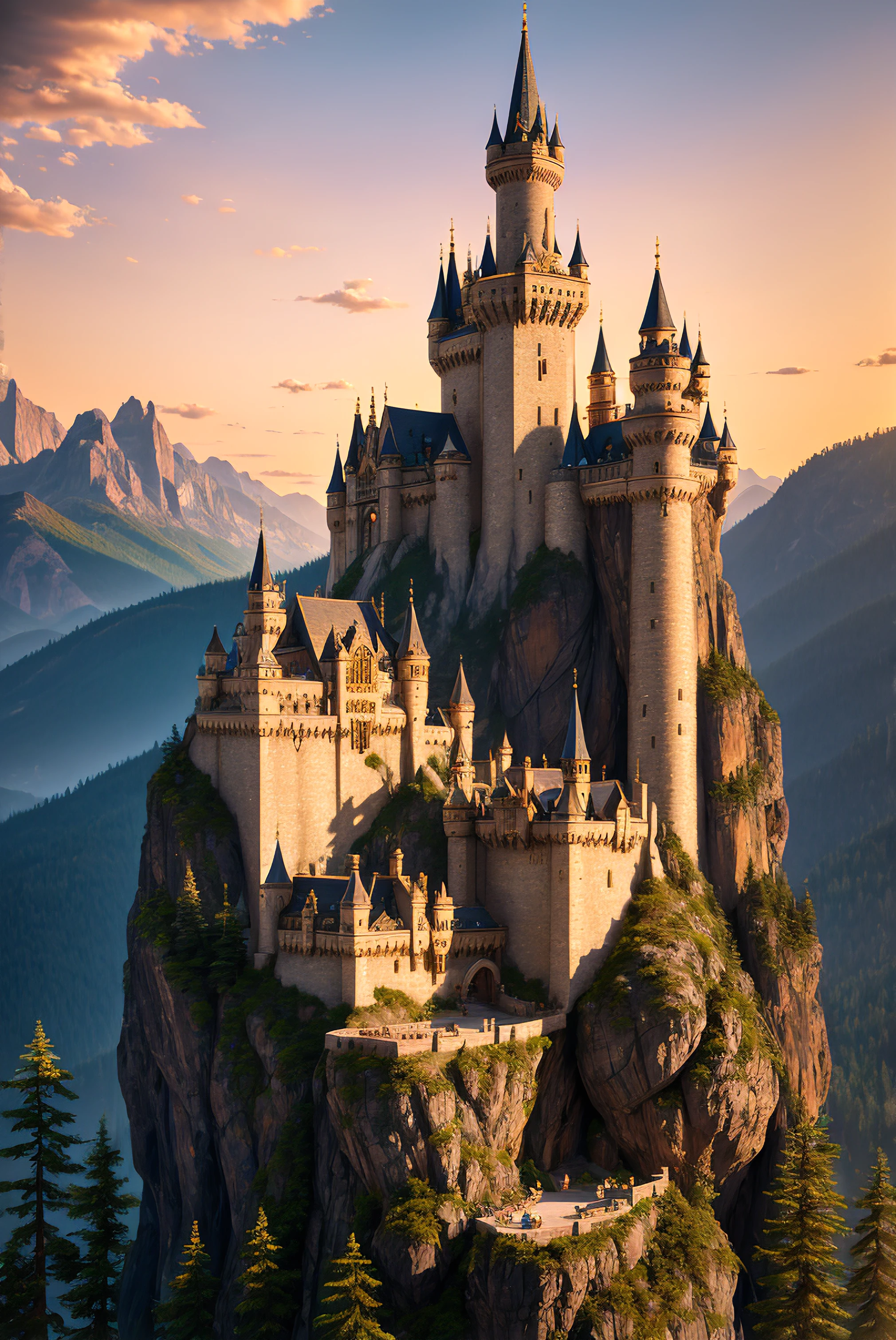 A realistic forbidden wizards castle high up in the mountains with a single road curving to the front gate, pixel art, (intricate details:1.2), hdr, (intricate details, hyperdetailed:1.2), (hyperrealism, soft light, sharp:1.2), (photorealistic:1.6), ((oil painting)), realistic materials, realistic textures, 3d rendering, unreal engine, blender, artstation, game art, key visual, surreal, volumetric lighting, good architecture, good composition, sunset, cinematic, perfect lighting, beautiful sky, 8K, wallpaper,