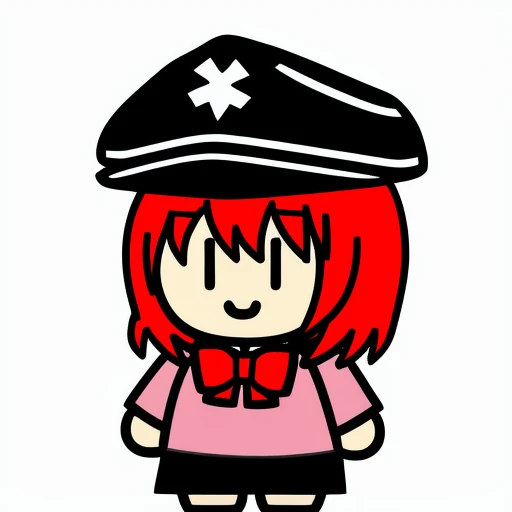 bow,<lora:chibi_v14:0.6>, school, svg_art, red_hair, cap, pink_shirt