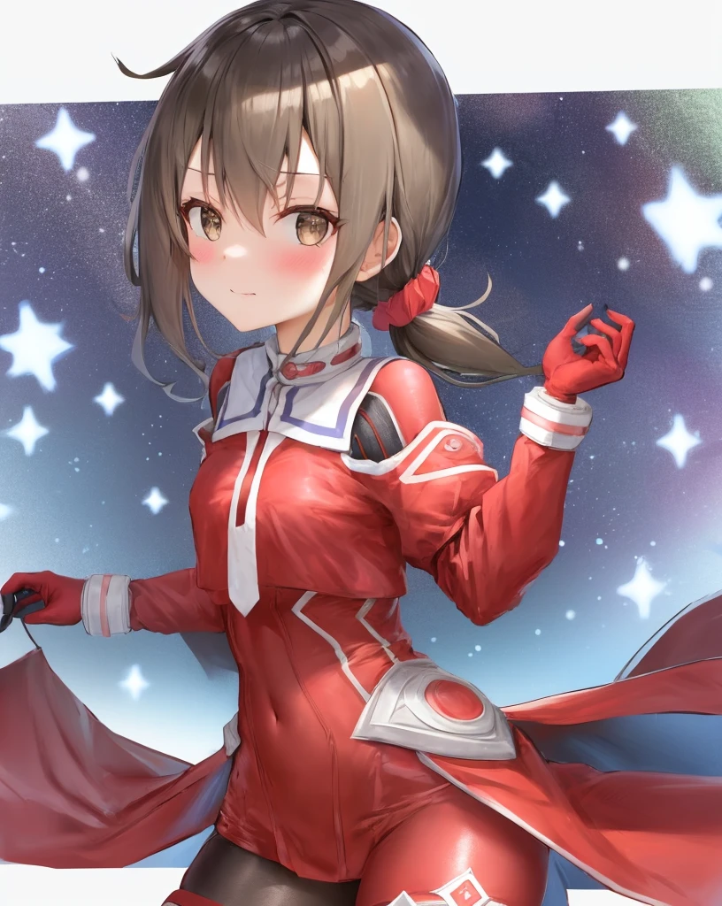 <lora:minowa_gin-10:0.7>,1girl, solo,brown hair,brown eyes,low ponytail,red gloves, bodysuit, red jacket,magical girl,red scrunchie,red dress, red thighhighs,