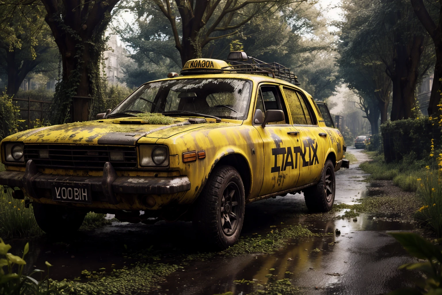 8k, realistic, vray, HDR, 6000K, yellow taxi, england, overgrown <lora:PostApocalyptic_v3-000007:0.6> SZ_4po enviroment