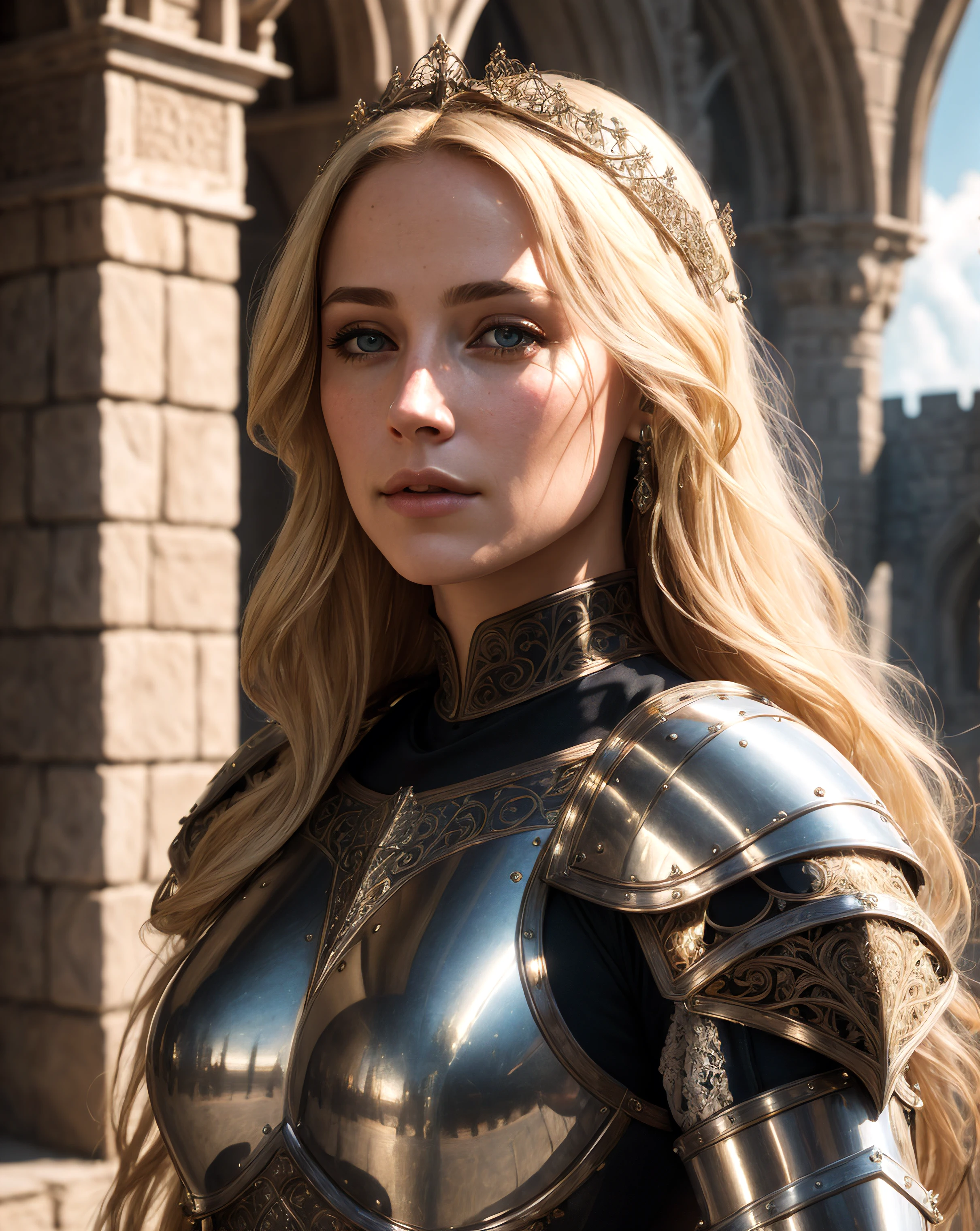 (masterpiece), (extremely intricate:1.35), (realistic), portrait of a girl, the most beautiful in the world, (medieval armor), metal reflections:0.75, upper body, (long dirty blonde hair), outdoors, intense sunlight, far away castle, professional photograph of a stunning woman detailed, sharp focus, dramatic, award winning, cinematic lighting, octane render, unreal engine, volumetrics dtx, (photorealistic:1.6), (80's fantasy art), elegant, stunning, beautiful, gorgeous, volumetric lighting, subsurface scattering,