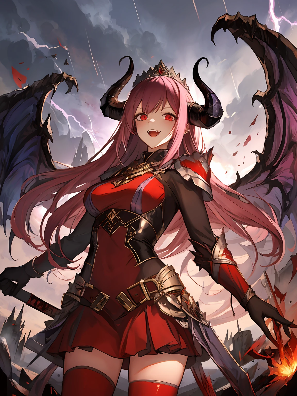 masterpiece,best quality,highres,cinematic lighting,dramatic angle,1girl,<lora:ShadowverseLauraV12-000018:0.8> ,horns,light purple and pink hair,gradient hair,shiny,red eyes,fangs,looking at viewer,claws,armor,red dress,purple skirt,red thighhighs,gloves,lightning,blood,:d,wings,from below,blood,corpses,skelton,skulls,(shaded face:1.2),wings,holding weapon,rain,lightning,portrait,shaded face,evil smile