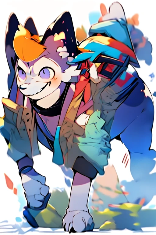 (masterpiece, best quality:1.2), illustration, absurdres, highres, extremely detailed, perfect face, 1boy, male focus, (adult male:1.2), sitting on bed, purple hair, short hair, messy hair, purple eyes, blue off the shoulder sweater, black sport shorts, bulge, black thigh highs, dog collar, flat chest, thick thighs, tall, smiling, looking at viewer, dog ears, dog tail, femboy, otoko no ko,