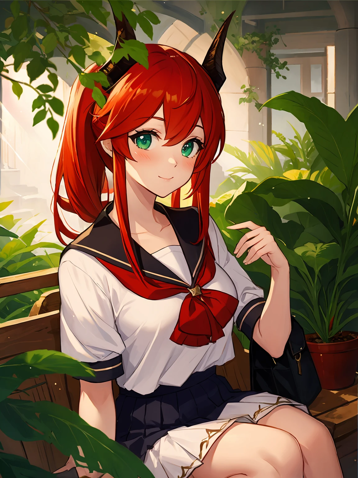masterpiece,best quality,highres,cinematic lighting,dramatic angle,1girl,<lora:ShadowverseRolaV1:0.8> ,red hair,hair ornament,horns,bangs,pony tail,serafuku,red bowtie,white shirt,pletaed skirt,boots,(black pantythose:1.3),happy,green eyes,looking at viewer,cowboy shot,depth of field,sash,sitting,eating bread,(:3:0.68),curious,blush,close-up,sunshine,shadow of leaves