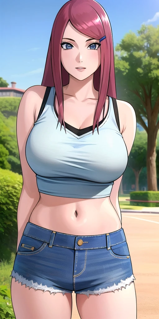 <lora:uzumaki_kushinaV2:0.7>, uzumaki_kushina, large_breasts, standing, solo, denim_shorts,, masterpiece, best quality, detailed face, detailed eyes, highres,