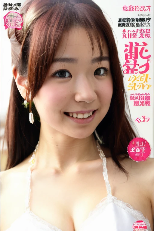 sfw, masterpiece, best quality, ultra high res, ultra detail, realistic, photorealistic, ultra realistic, professional lighting, depth of field, looking at viewer, hikari, 1girl, solo, dynamic pose, dynamic angle, extreme detailed face, perfect face, smile:0.3, small breasts, skinny body, wedding dress, ear ring, diamond necklace, wedding head band, magazine cover