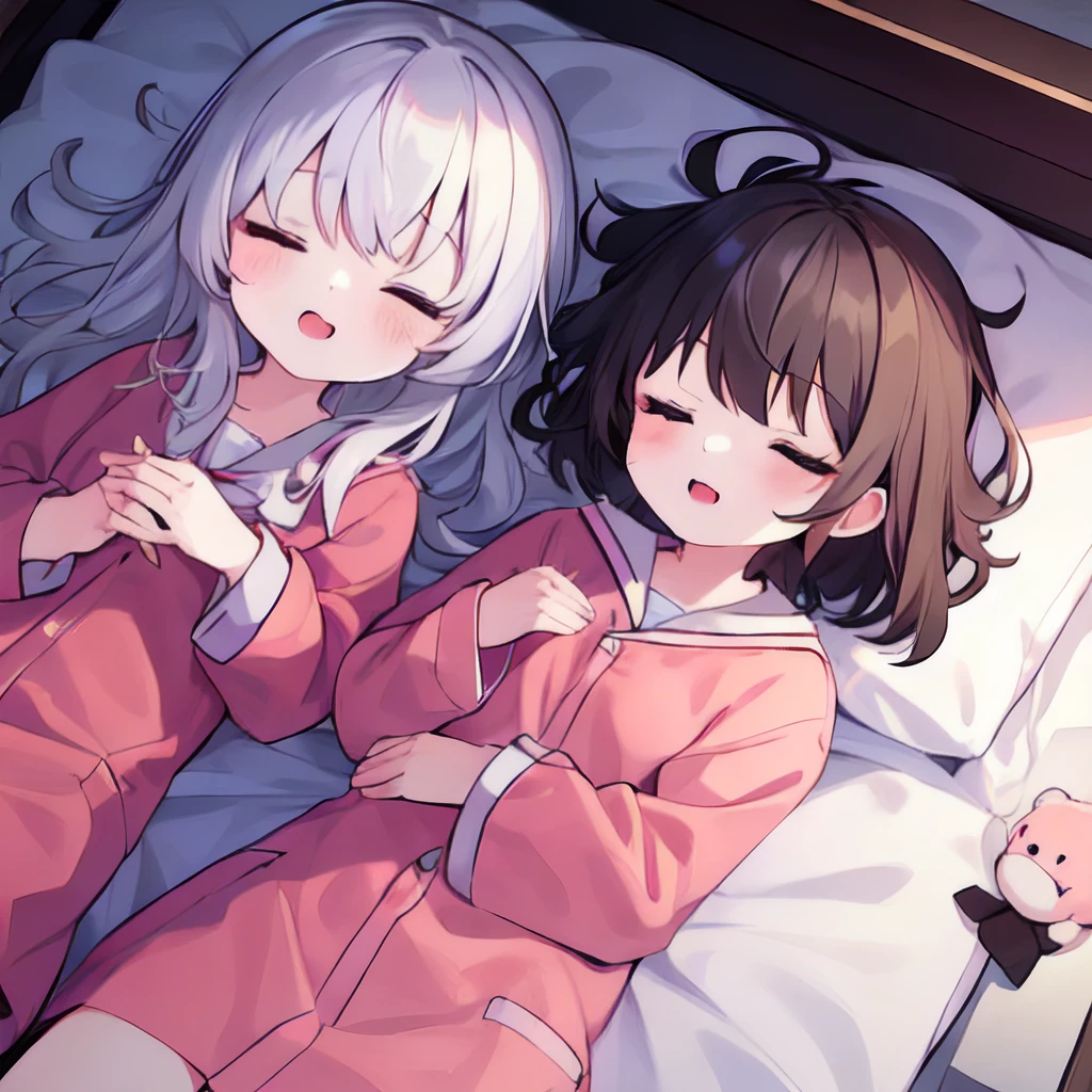 2girls,<lora:SleePeace3_LECO:2>,sleepeace,(coffin:1.2),silver hair,long_hair,on_back,black_hair,short_hair,hugging,stuffed toy,angels, best quality,highres