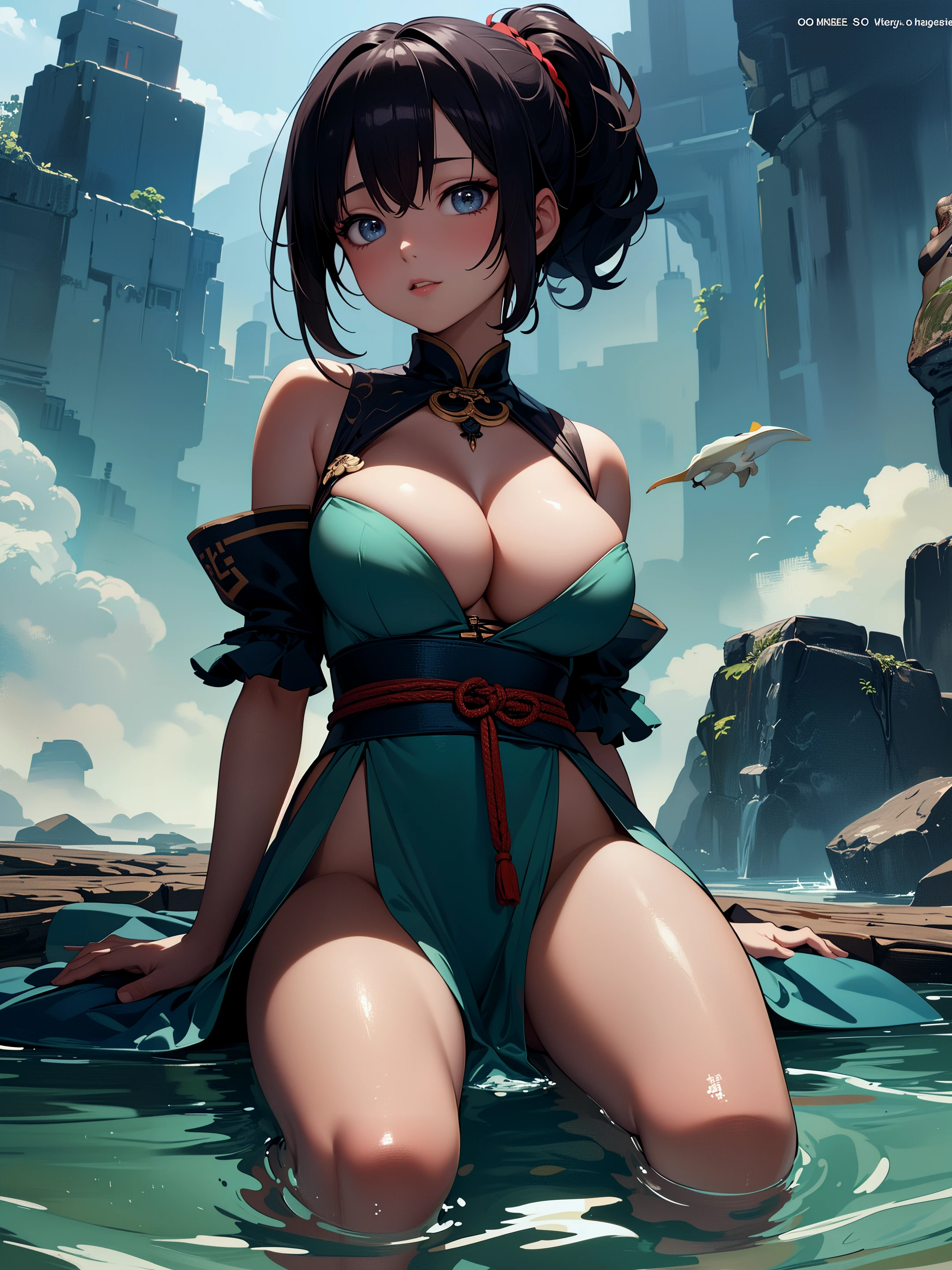 (masterpiece, top quality, best quality, official art, beautiful and aesthetic:1.2), (1girl:1.2), highres, ultra detailed, solo, (zentangle:1.2), subesube skin, (girl),(Three kingdoms female warload),(highly detailed beautiful face and eyes,large breasts,firm breasts),oily skin,((black,hair,short bob with short pony tail hair)),cute,lovely,whole body,look at the viewer