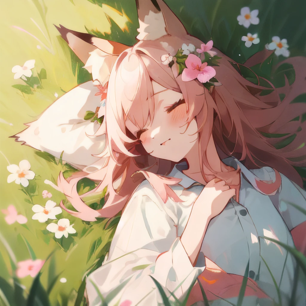 1girl,<lora:SleePeace3_LECO:2>,sleepeace,fox ears,grassland,outdoors,upper body,flowers,hair flower, on_back,, best quality,highres
