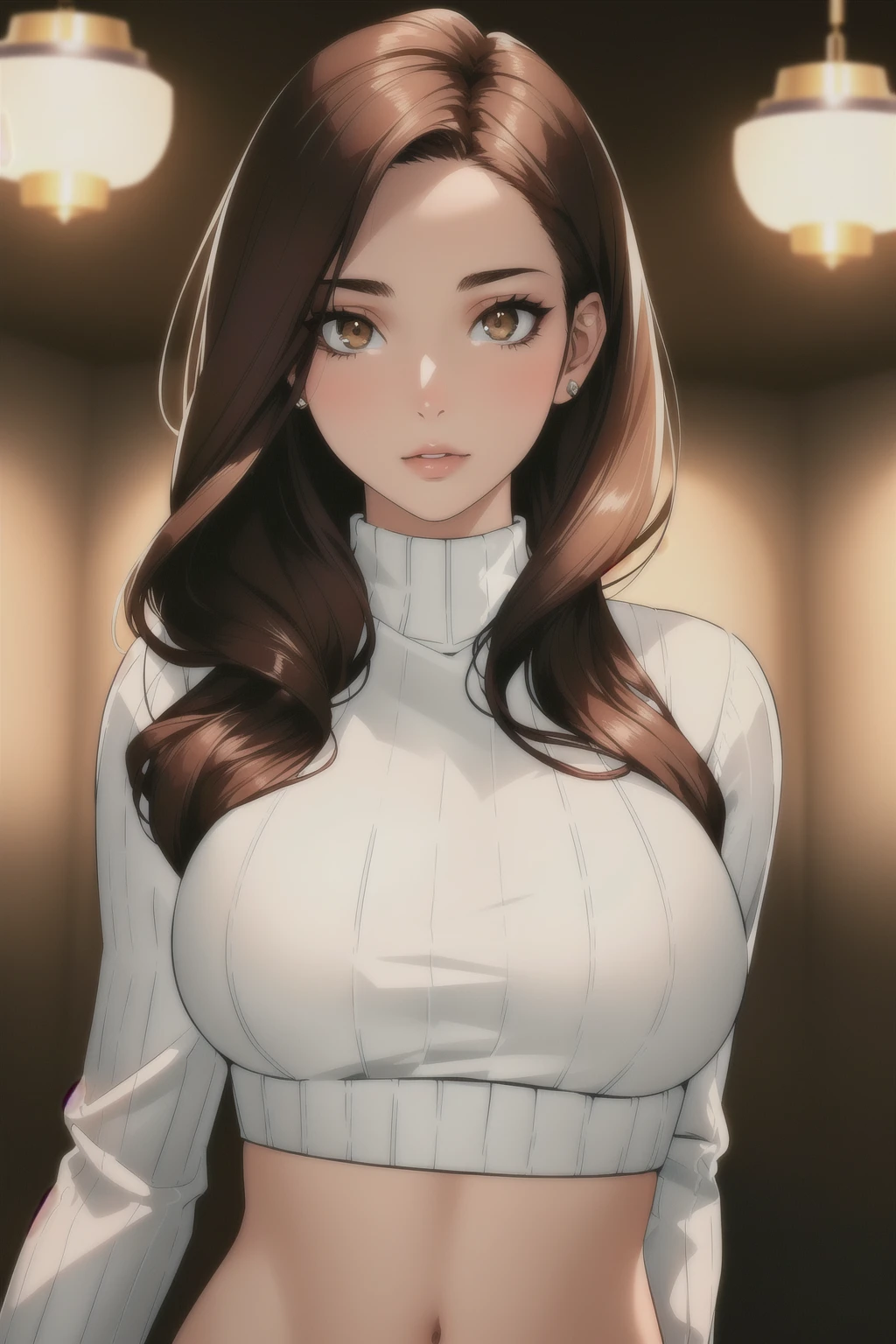 woman, breasts, facing viewer,<lora:PerfectFullBreasts-fCV3.5:1> , fcPortrait, cropped sweater, midriff, sweater, 1girl, detailed face, hanging laterns, illustrated