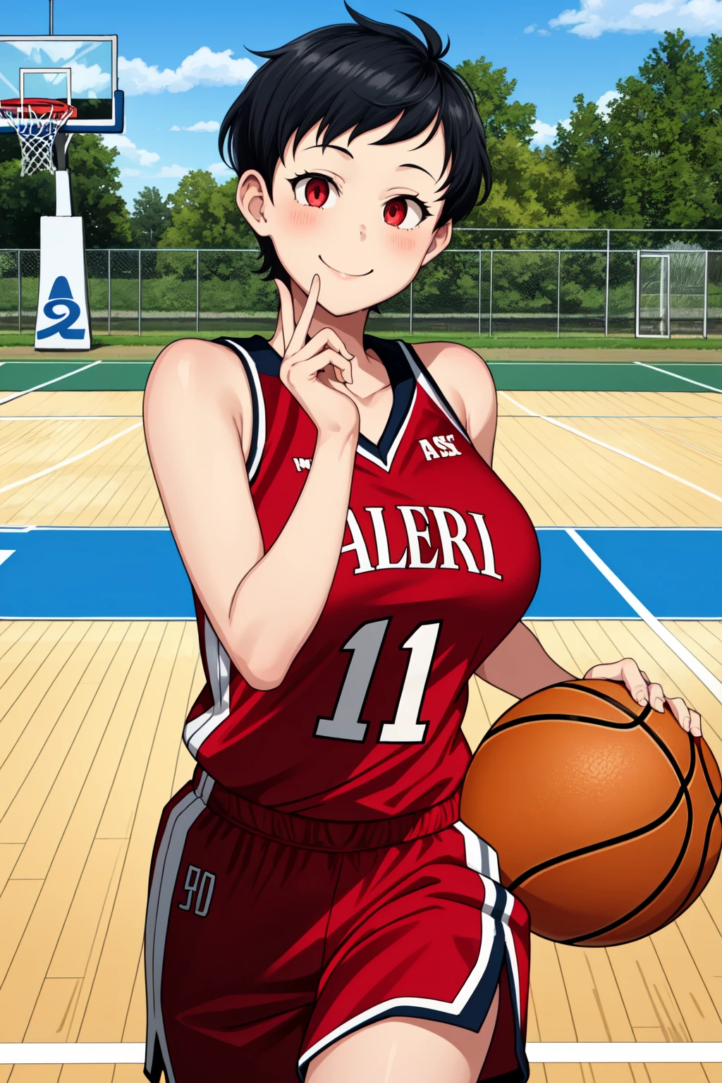 1girl, solo, (tomboy:1.2), running, holding ball,
black hair, (very short hair, long sidelocks:1.2),
red eyes, looking at viewer,
smile, closed mouth,
basketball uniform, shorts, shirt, sleeveless,
large breasts,
outdoors, basketball court, court,
<lora:Tomboy:1> <lora:Cham22:1>