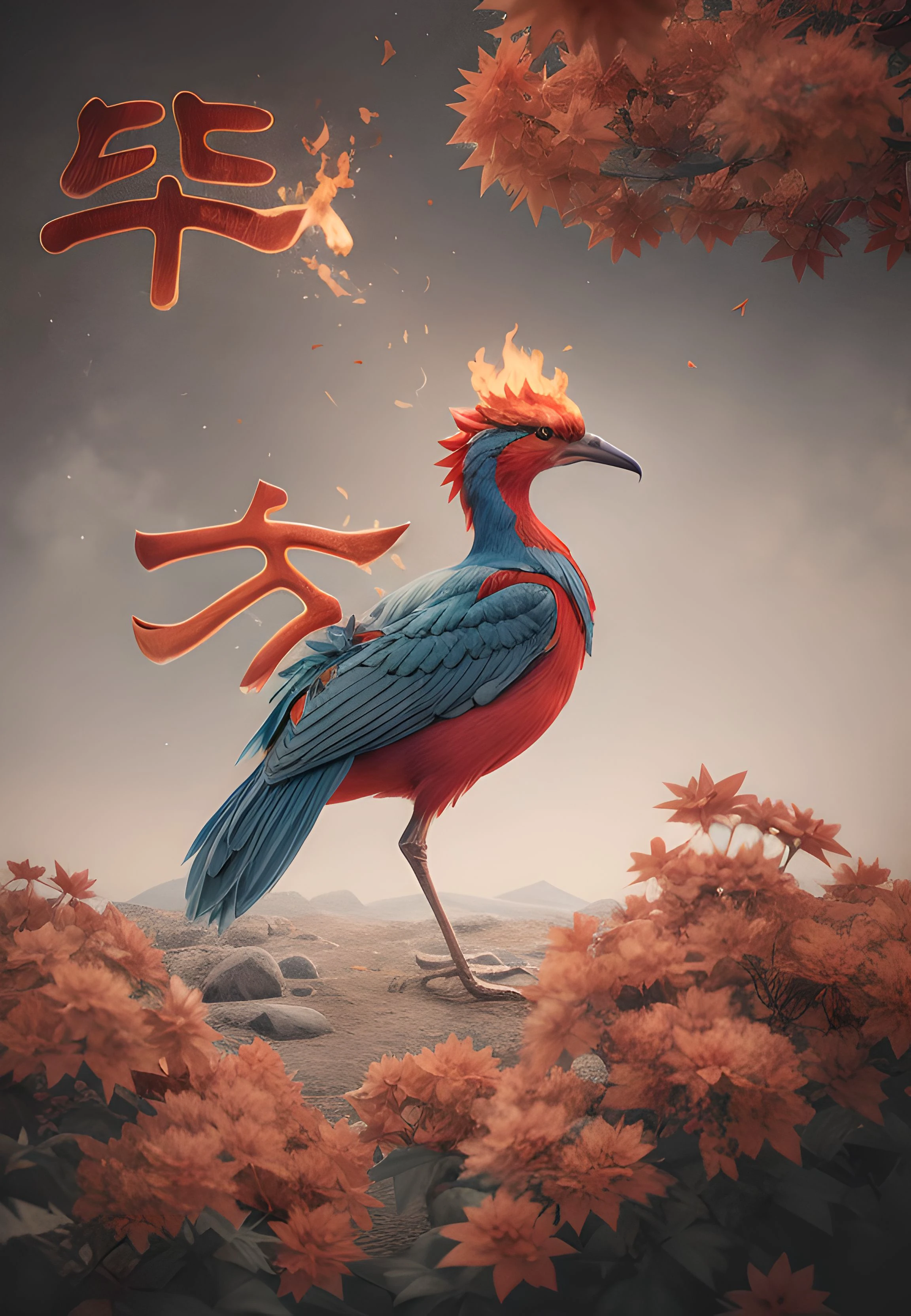 fire, bird, single leg, maple leaf, red theme, bifang