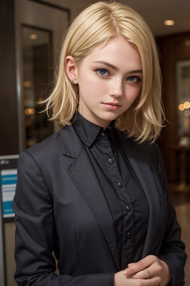 portrait of european girl,solo,20yo,beautiful face,uppser body,hair over one eye,medium sidecut, blonde hair, sharp focus,black business suit