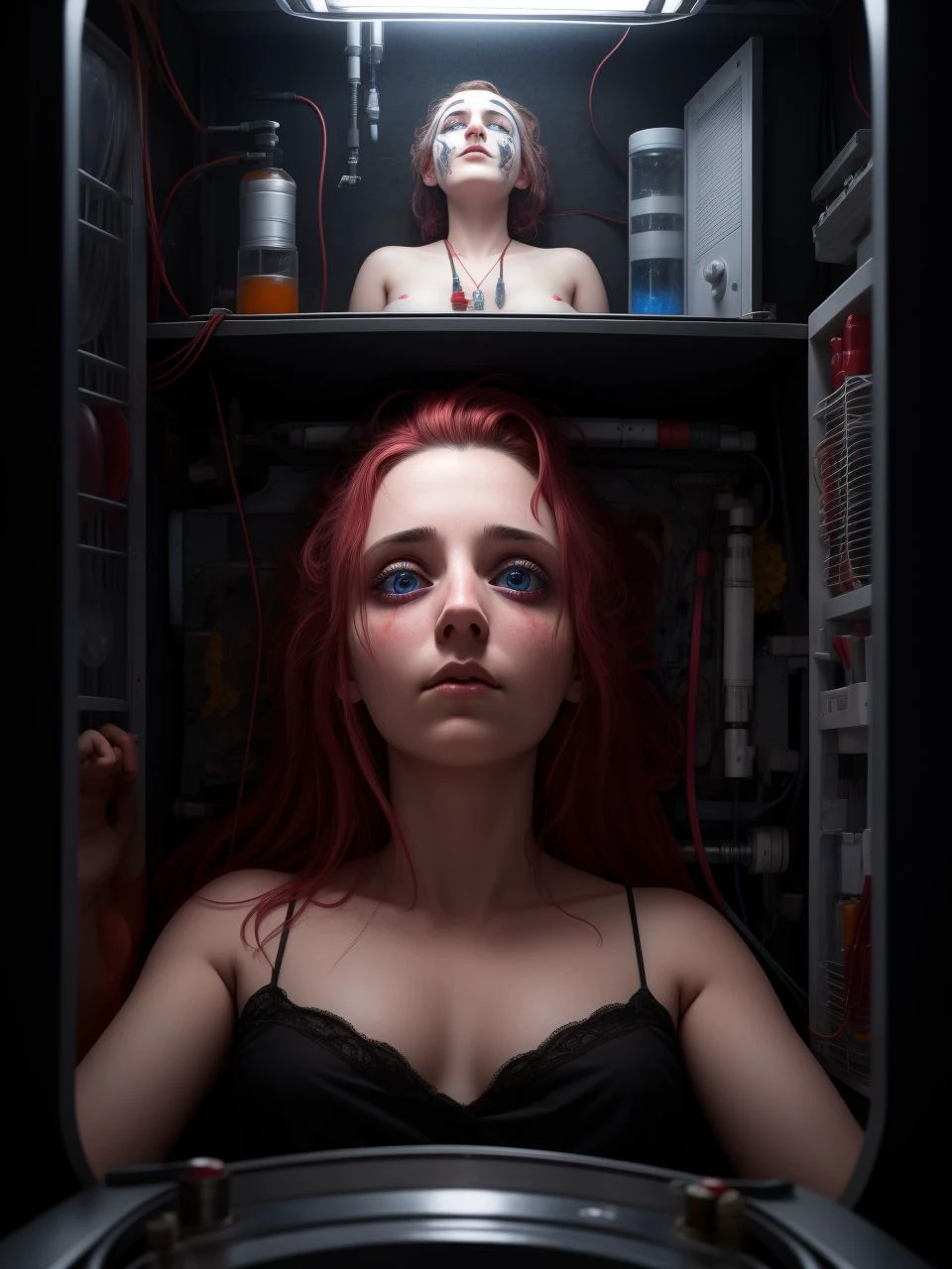 photo RAW, portrait,
science lab, brainwashing machine, mind control device, hypnosis, entranced, dazed, drugged, heroin, cocaine, mdma, ecstasy,
masterpiece, award winning photography, lighting, perfect composition, high detail, hyper realistic,dramatic lighting, epic