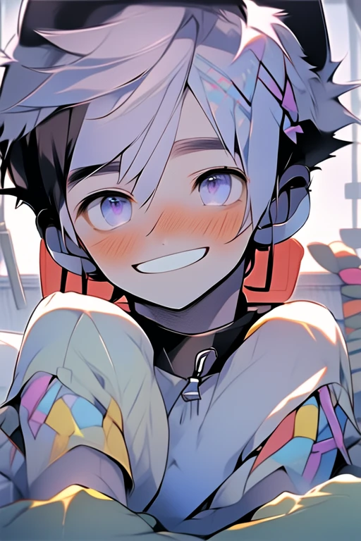 (masterpiece, best quality:1.2), illustration, absurdres, highres, extremely detailed, perfect face, 1boy, male focus, (adult male:1.2), sitting on bed, purple hair, short hair, messy hair, purple eyes, blue off the shoulder sweater, black sport shorts, bulge, black thigh highs, dog collar, flat chest, thick thighs, tall, smiling, looking at viewer, dog ears, dog tail, femboy, otoko no ko,