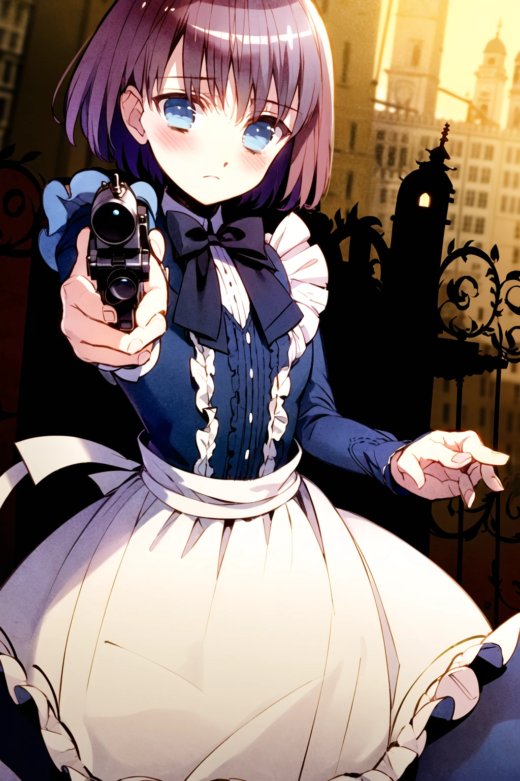((masterpiece, high quality, best quality)),
blue eyes, 1girl, gun, weapon, short hair, dress, silhouette, bow, apron, blush, handgun, aiming at viewer, purple hair, holding, solo, brown hair, holding gun, ribbon,
<lora:akira-style_v1.0:1>