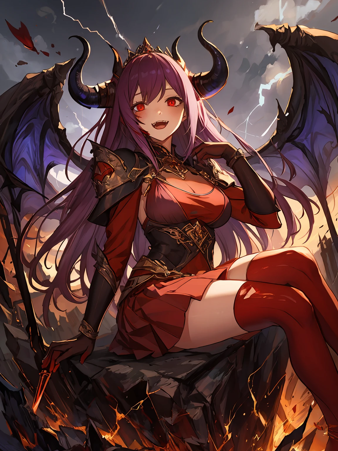 masterpiece,best quality,highres,cinematic lighting,dramatic angle,1girl,<lora:ShadowverseLauraV12-000018:0.8> ,horns,dark purple hair,red eyes,fangs,looking at viewer,cowboy shot,claws,armor,red dress,purple skirt,red thighhighs,gloves,holding weapon,lightning,blood,:d,seductive pose,demon commander,wings,sitting,legs together