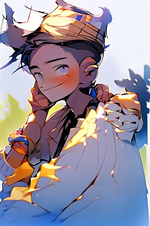 (masterpiece, best quality:1.2), illustration, absurdres, highres, extremely detailed, perfect face, 1boy, male focus, (adult male:1.2), sitting on bed, purple hair, short hair, messy hair, purple eyes, blue off the shoulder sweater, black sport shorts, bulge, black thigh highs, dog collar, flat chest, thick thighs, tall, smiling, looking at viewer, dog ears, dog tail, femboy, otoko no ko,