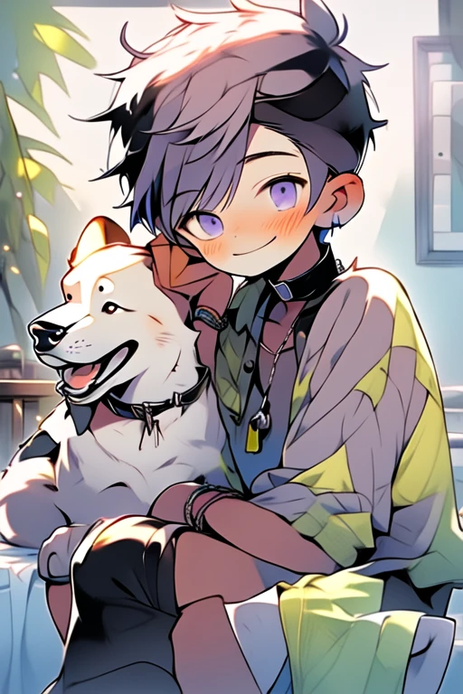 (masterpiece, best quality:1.2), illustration, absurdres, highres, extremely detailed, perfect face, 1boy, male focus, (adult male:1.2), sitting on bed, purple hair, short hair, messy hair, purple eyes, blue off the shoulder sweater, black sport shorts, bulge, black thigh highs, dog collar, flat chest, thick thighs, tall, smiling, looking at viewer, dog ears, dog tail, femboy, otoko no ko,