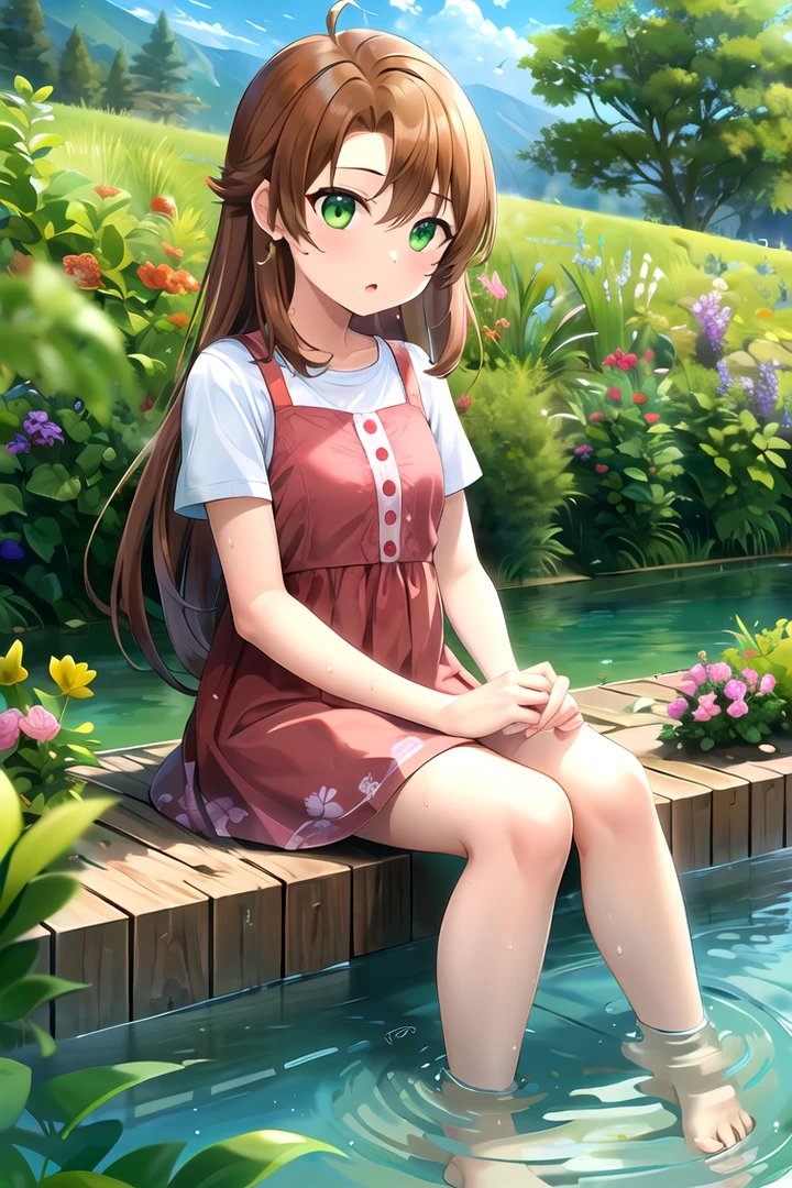 masterpiece, best quality, 1girl, <lyco:Komari-000009:1.0>, koshigaya komari, shirt, pink dress, outdoors, pond, sitting, soaking feet, solo, water