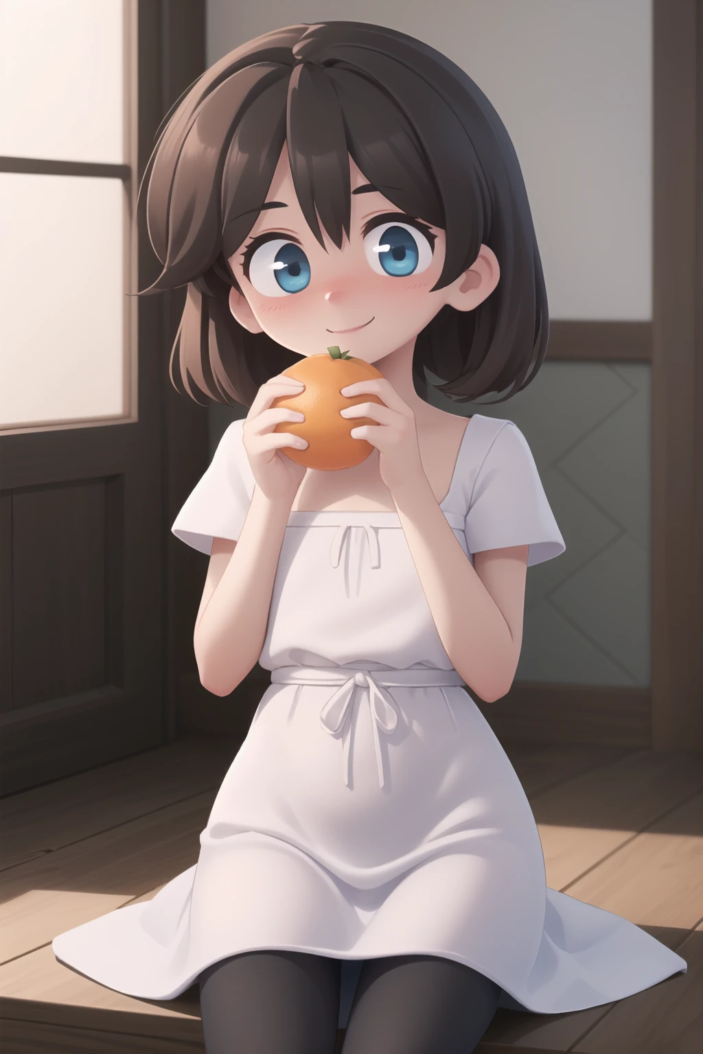 <lora:orenji:1> orenji, 1girl, solo, masterpiece; brown hair, blue eyes, (white dress, black pantyhose), eating an orange, happy, smiling, blushing