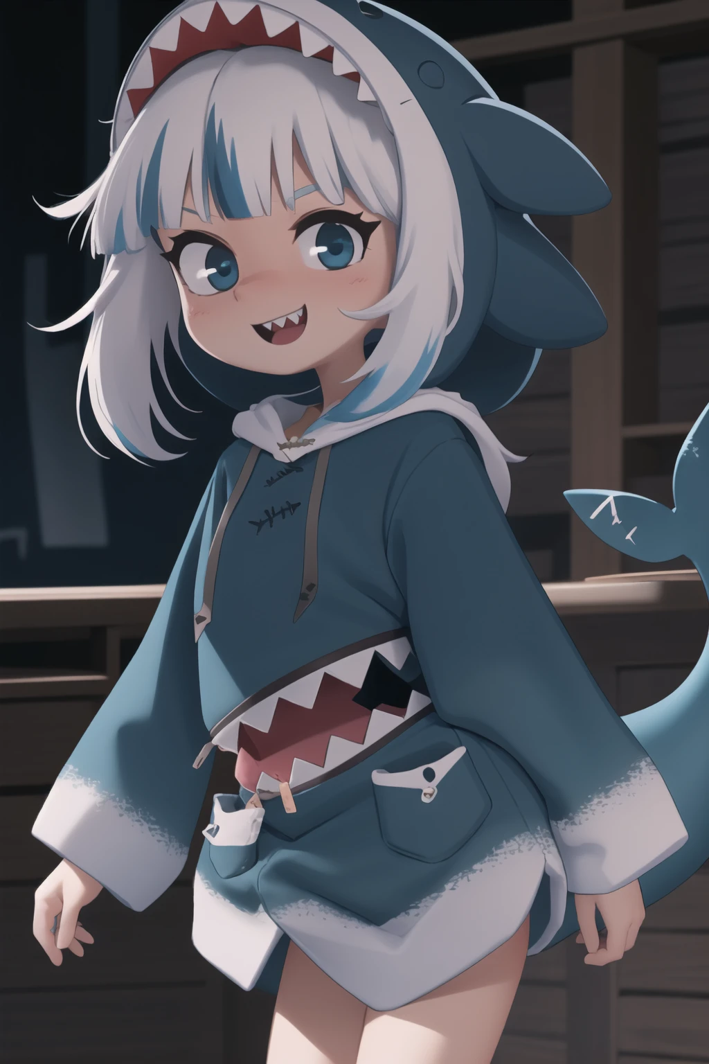 <lora:orenji:1> orenji, 1girl, solo, masterpiece; looking at viewer, smiling; <lora:gura:1> gawr gura, sharp teeth, shark tail, blue hoodie, shark hood,