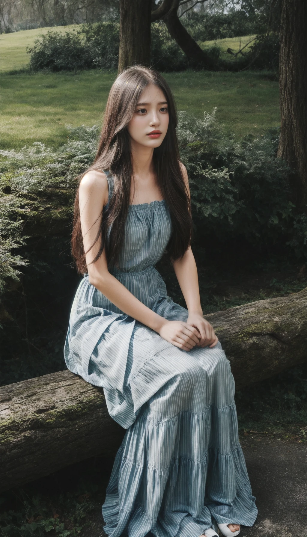 1girl,slg,path,water,long hair,Striped maxi dress with a tiered skirt, winter day,mating press,Sitting,(tenebrism)<lora:slg_v22:1>