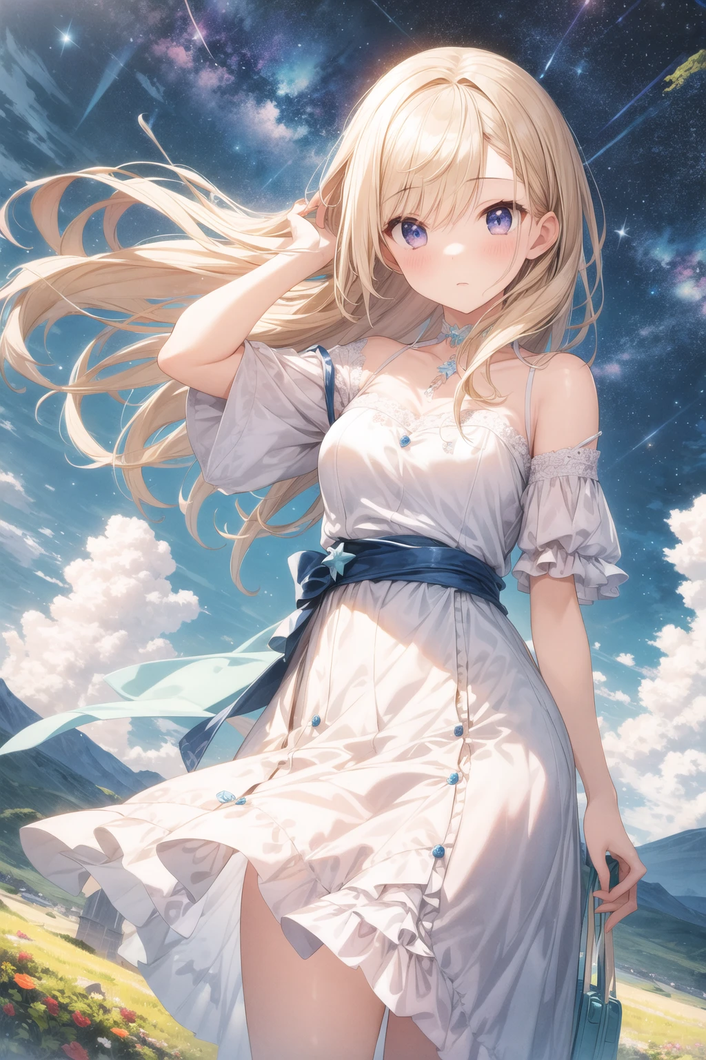hand up , masterpiece best quality 1girl
absurdres, highres, (official art, beautiful and aesthetic:1.2), close view,
1girl, shining sky, vast world, gazing, awe-inspiring expression, distant horizon, clouds, high hill, natural beauty, inspiration, night sky, Shining Stars,