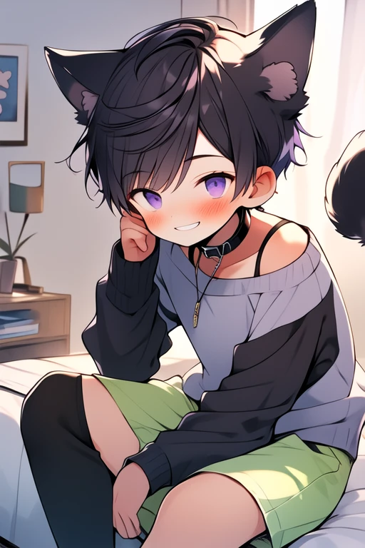 (masterpiece, best quality:1.2), illustration, absurdres, highres, extremely detailed, perfect face, 1boy, male focus, (adult male:1.2), sitting on bed, purple hair, short hair, messy hair, purple eyes, blue off the shoulder sweater, black sport shorts, bulge, black thigh highs, dog collar, flat chest, thick thighs, tall, smiling, looking at viewer, dog ears, dog tail, femboy, otoko no ko,