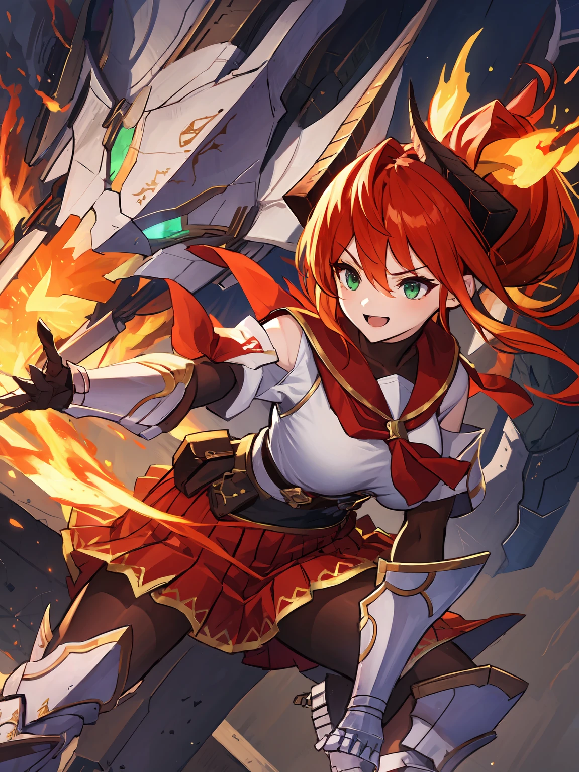 masterpiece,best quality,highres,cinematic lighting,dramatic angle,1girl,<lora:ShadowverseRolaV2-000021:0.8>,red hair,ponytail,hair ornament,horns,green eyes,smile,riding on mecha dragon,happy,serafuku,sailor collar,bowtie,white shirt,gauntlets,gloves,red pleated skirt,black pantyhose,armor boots,portrait,bare shoulders,sash,package,suspenders,breathing fire,action pose,dynamic angle,dynamic pose,fighting stance
