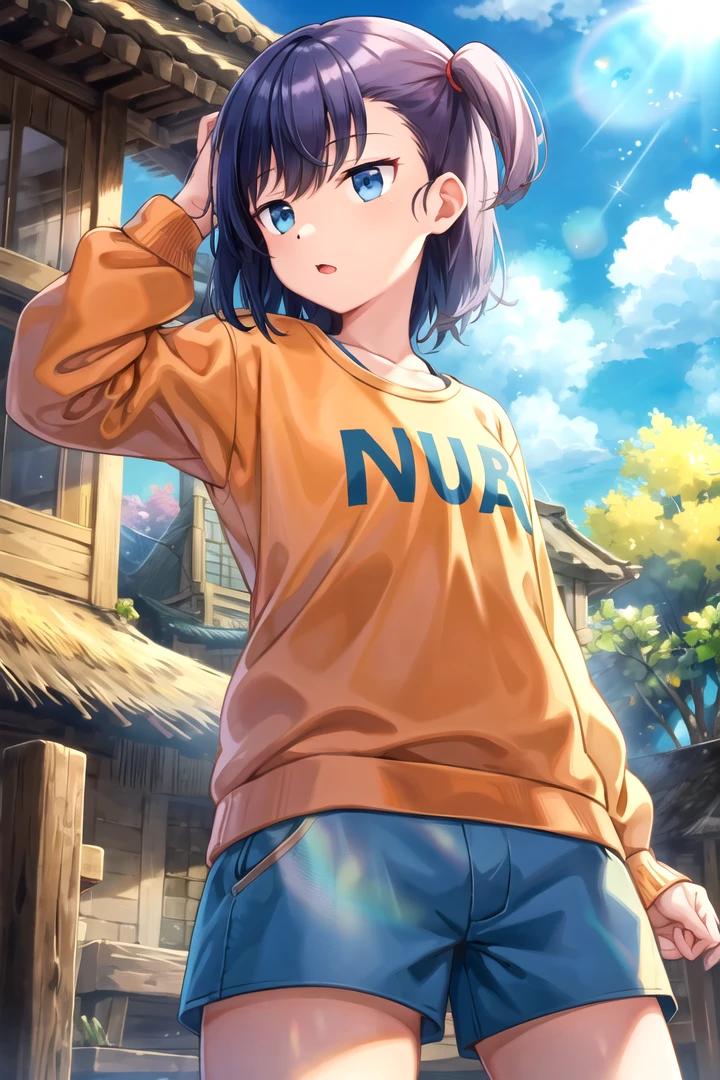 masterpiece, best quality, 1girl, <lyco:Hikage-000007:1.0>, miyauchi hikage, orange sweater, blue shorts, outdoors, village, nature, sky