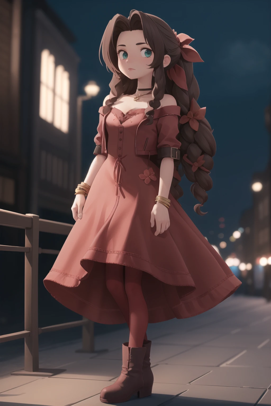 <lora:orenji:1> orenji, 1girl, solo, masterpiece; <lora:aerith-nvwls-v1:0.8> aerith gainsborough, choker, cropped jacket, hair bow, bracelet, pink dress, brown boots, very long hair, hair ribbons, hair flowers, strapless red dress, high heels, black pantyhose, looking at viewer