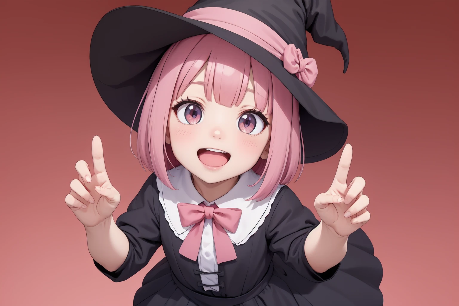 masterpiece,(best quality, high quality, highres:1.2), a woman in a witches hat and black dress with lights behind her and a pink background with a starburst, blurry, depth_of_field, facing_viewer, red_background, red_sky, smile, solo, bloodborne, a hologram, magical realism, (flat_color:1.1), (anime_coloring:1.1), (realistic_nose:-0.8),(megami magazine:1.1), open hands, pink hair