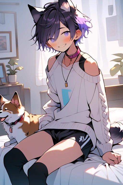 (masterpiece, best quality:1.2), illustration, absurdres, highres, extremely detailed, perfect face, 1boy, male focus, (adult male:1.2), sitting on bed, purple hair, short hair, messy hair, purple eyes, blue off the shoulder sweater, black sport shorts, bulge, black thigh highs, dog collar, flat chest, thick thighs, tall, smiling, looking at viewer, dog ears, dog tail, femboy, otoko no ko,