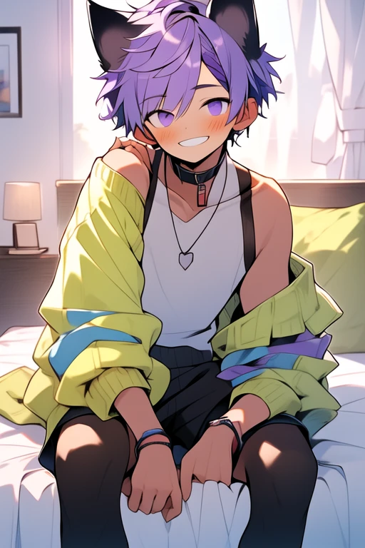 (masterpiece, best quality:1.2), illustration, absurdres, highres, extremely detailed, perfect face, 1boy, male focus, (adult male:1.2), sitting on bed, purple hair, short hair, messy hair, purple eyes, blue off the shoulder sweater, black sport shorts, bulge, black thigh highs, dog collar, flat chest, thick thighs, tall, smiling, looking at viewer, dog ears, dog tail, femboy, otoko no ko,