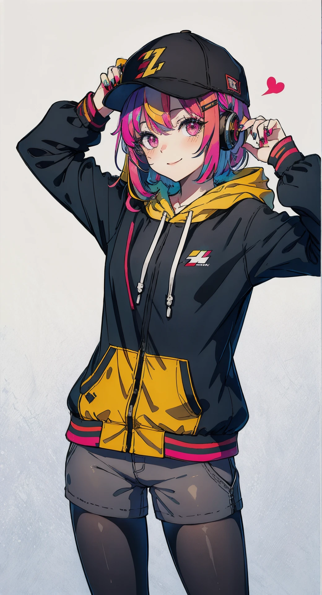 1girl, teddy bear, baseball cap, hat, solo, stuffed animal, stuffed toy, smile, long hair, hood down, jacket, hood, headphones, closed mouth, purple hair, long sleeves, fingernails, nail polish, sleeves past wrists, looking at viewer, multicolored eyes, bangs, hooded jacket, yellow nails, red jacket, multicolored nails, hair ornament, object hug, blush, red nails, white headwear, upper body, purple eyes, claw pose, heart, black headwear, hand up, bow, hoodie, hairclip, nail art, button badge, very long hair, hair between eyes, orange nails, puffy long sleeves, puffy sleeves, black bow, badge, holding, drawstring, red eyes, pink nails, star (symbol), multicolored hair, blue nails, holding stuffed toy, lightning bolt symbol, colorful, looking to the side
((40d grey pantyhose)),grey pantyhose,pantyhose, 
 <lora:40d_grey_pantyhose-001:0.8>