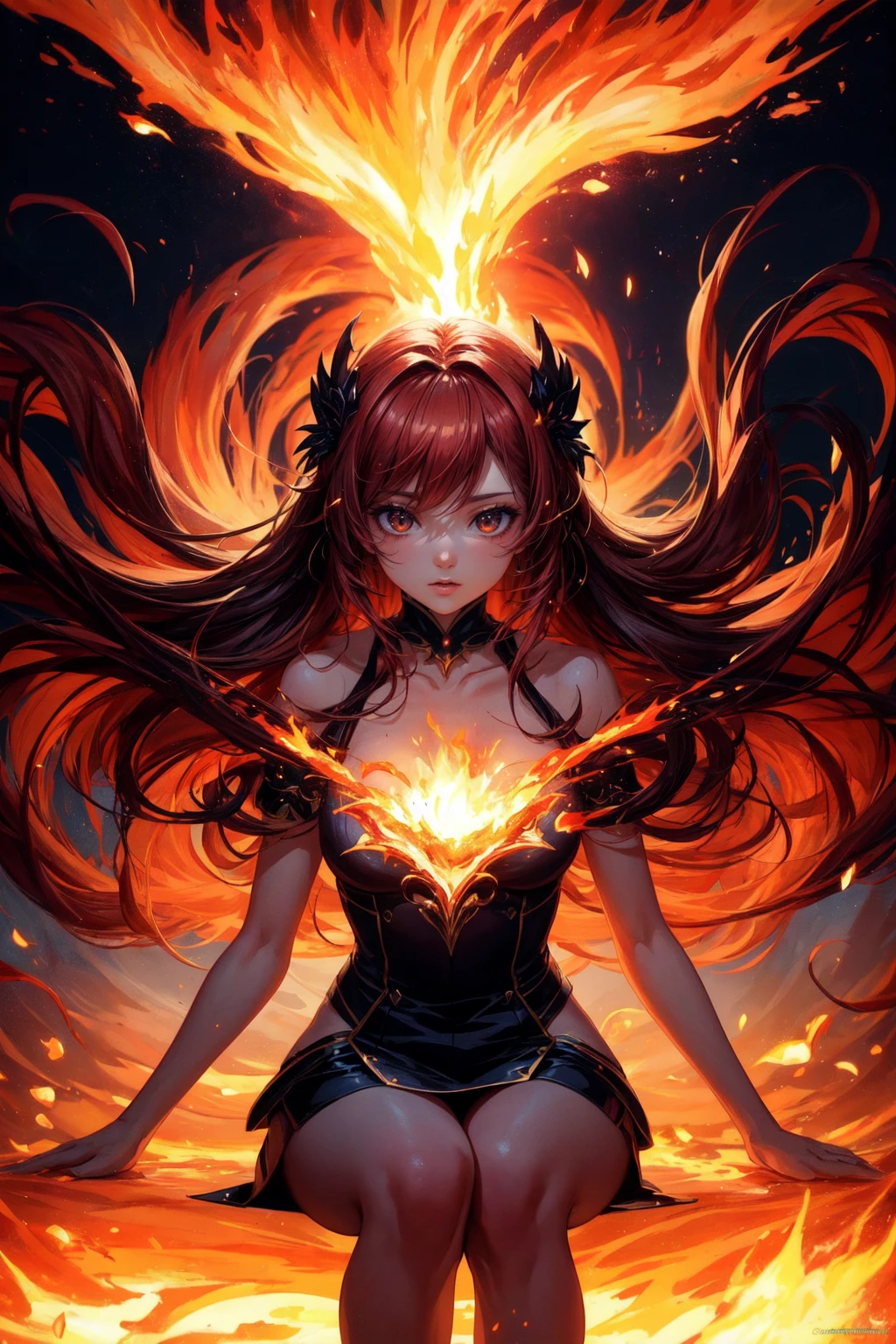 Step into a captivating scene featuring an anime girl seated on a floating platform, as vibrant fire particles ignite the air around her, creating a dazzling and dynamic atmosphere. The creative lighting style bathes her in a radiant, fiery glow, harmonizing with the swirling fire particles. Crafted with exquisite detail and rendered in breathtaking 10k high resolution, this masterpiece blends the art mediums of digital illustration, fire effects, particle simulation, and post-processing techniques. Drawing inspiration from the styles of Anime, Mystical Realism, and Contemporary Surrealism, it captures the fiery and ethereal beauty of an anime girl amidst the dancing flames, where fire particles elevate the sense of magic and wonder. <lora:add_detail:1>