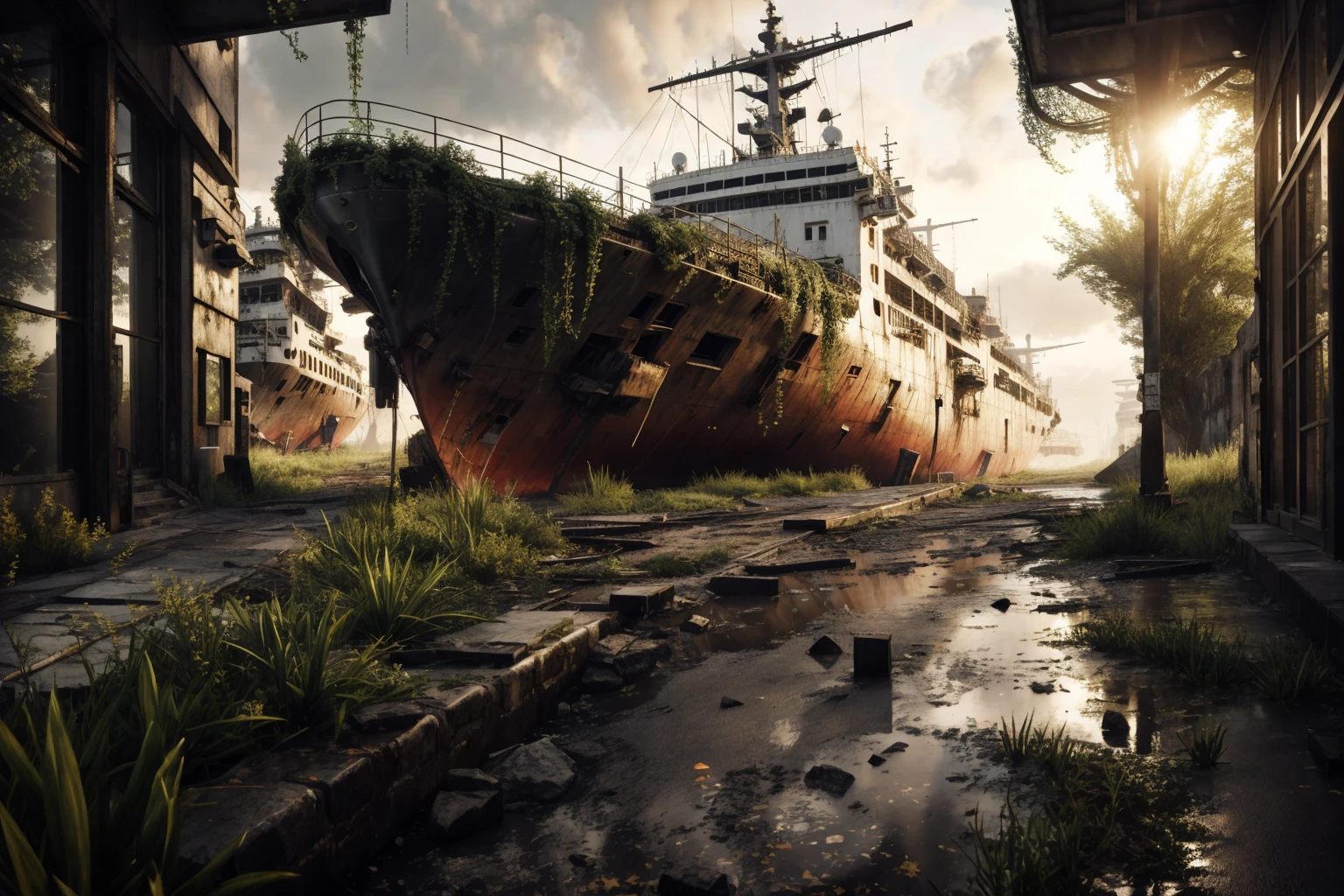 8k, realistic, vray, HDR, 6000K, ship <lora:PostApocalyptic_v3-000007:0.6> SZ_4po enviroment