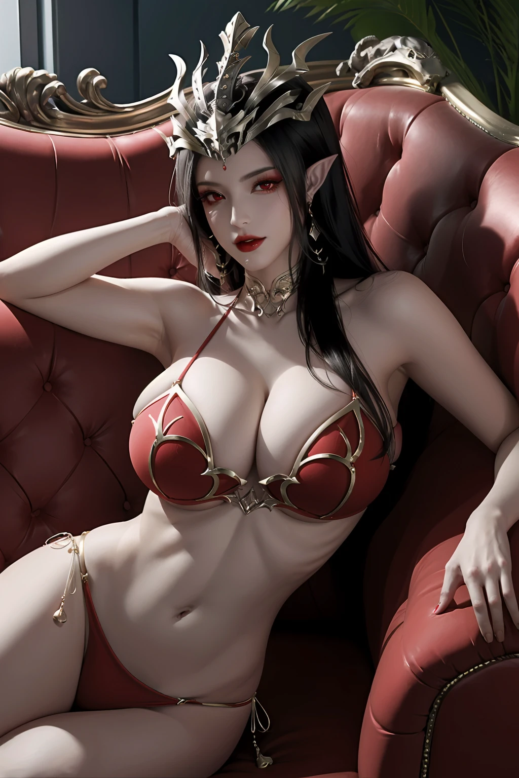 1girl, long hair, black hair, pointy ears, snake, navel, on side, jewelry, earrings, red eyes, solo, large breasts, bare shoulders, looking at viewer, lying, couch, bikini, strapless,cai lin, huge breasts,(shiny skin),(mature female),milf,<lora:cailin-v1.5-realistic-final-6ep:0.7>