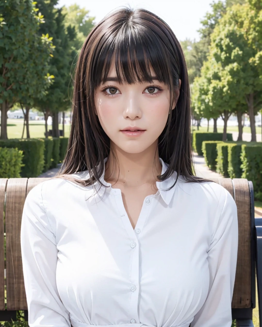 best quality, photorealistic, 8k, high res, full color, 1girl, woman, 20 years old woman, (closed mouth:1.73), (skindentation), (portrait:0.6), trees, park bench, daylight, ((park background:1.52)), full color, ((whiteshirt:1.58)), looking at viewer:1.8, (1girl eyes looking at viewer:1.55), (medium hair, brownhair, partedbangs:1.45), (bokeh), <lora:AAG-umi2:0.69>