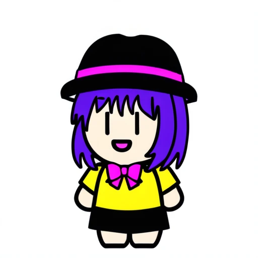 bow,<lora:chibi_v14:0.6>, white_background, svg_art, purple_hair, hat, yellow_shirt