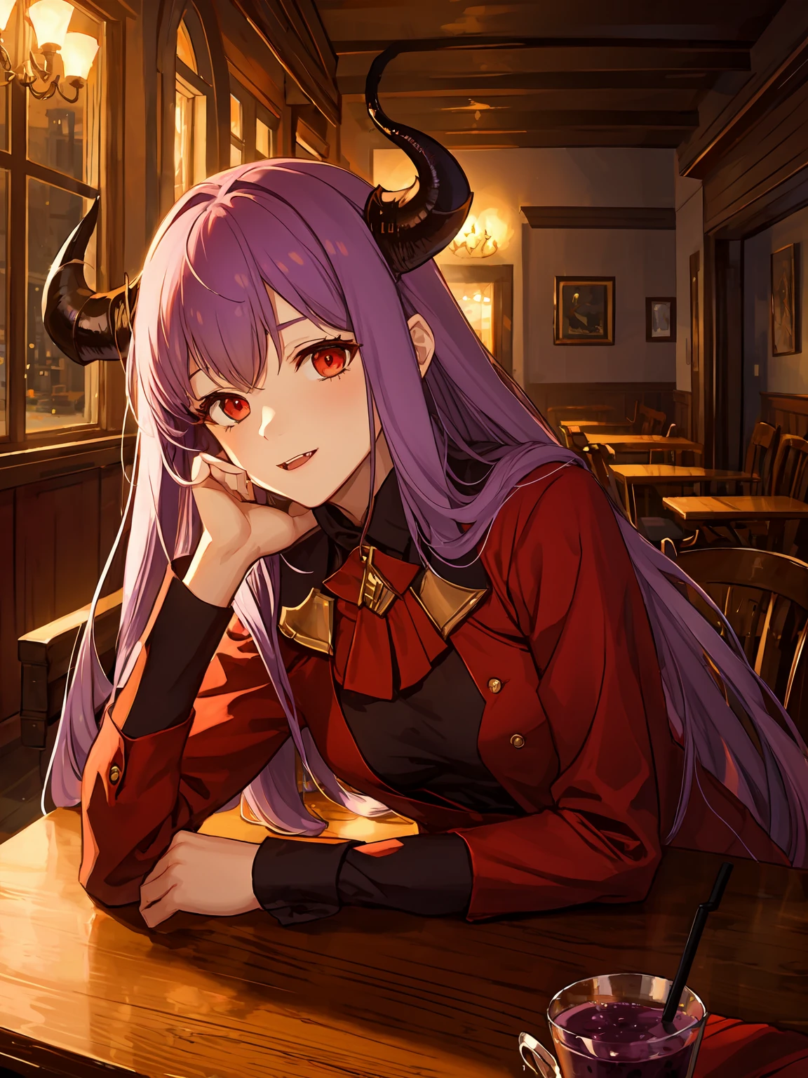 masterpiece,best quality,highres,cinematic lighting,dramatic angle,1girl,<lora:ShadowverseLauraV12-000018:0.8> ,horns,light purple hair,red eyes,fangs,red dress,purple skirt,red thighhighs,gloves,sitting on chair,across the table,looking at viewer,drink,holding,drinking purple milkshake,streetscape,crowd,depth of field,close-up,portrait,outdoors,happy