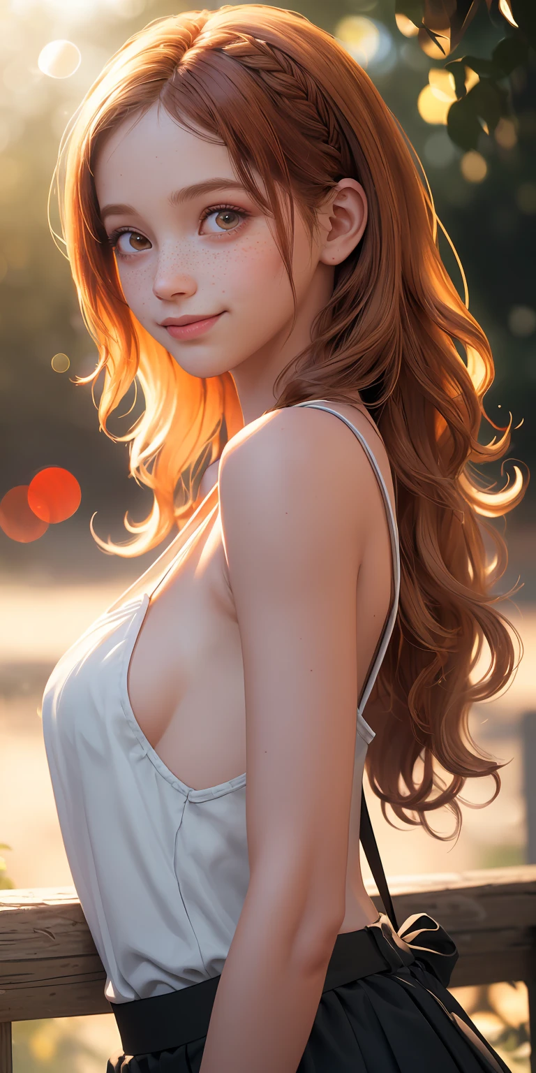 (masterpiece, best quality), 1girl, (intrcate details), upper body, ginger hair, wavy hair, looking at viewer, strap slip, sideboob, skirt, dappled sunlight, bokeh, french braid, freckles, happy