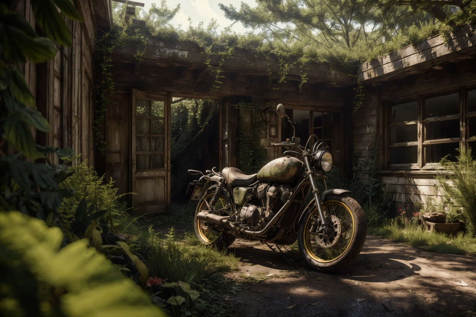 8k, realistic, vray, HDR, 6000K, motor bike, in the country side overgrown <lora:PostApocalyptic_v3-000007:0.6> SZ_4po enviroment